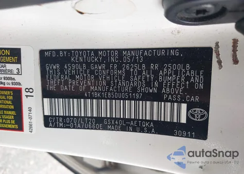 2013 Toyota Avalon Xle Touring from USA, damaged, VIN 4T1BK1EB5DU051197
